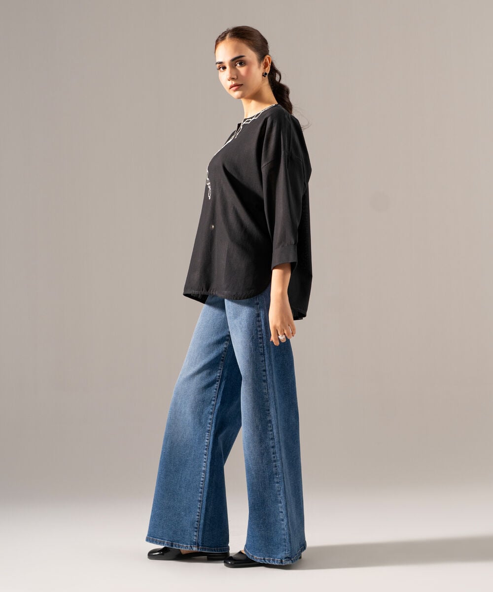 Women's RTW Khaddar Solid Embroidered Black Drop Shoulder Shirt