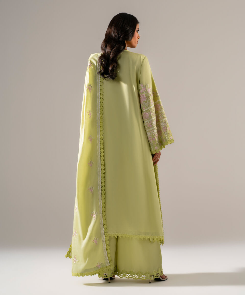 Women's RTW Cotton Satin Solid Embroidered Green 3 Piece Suit