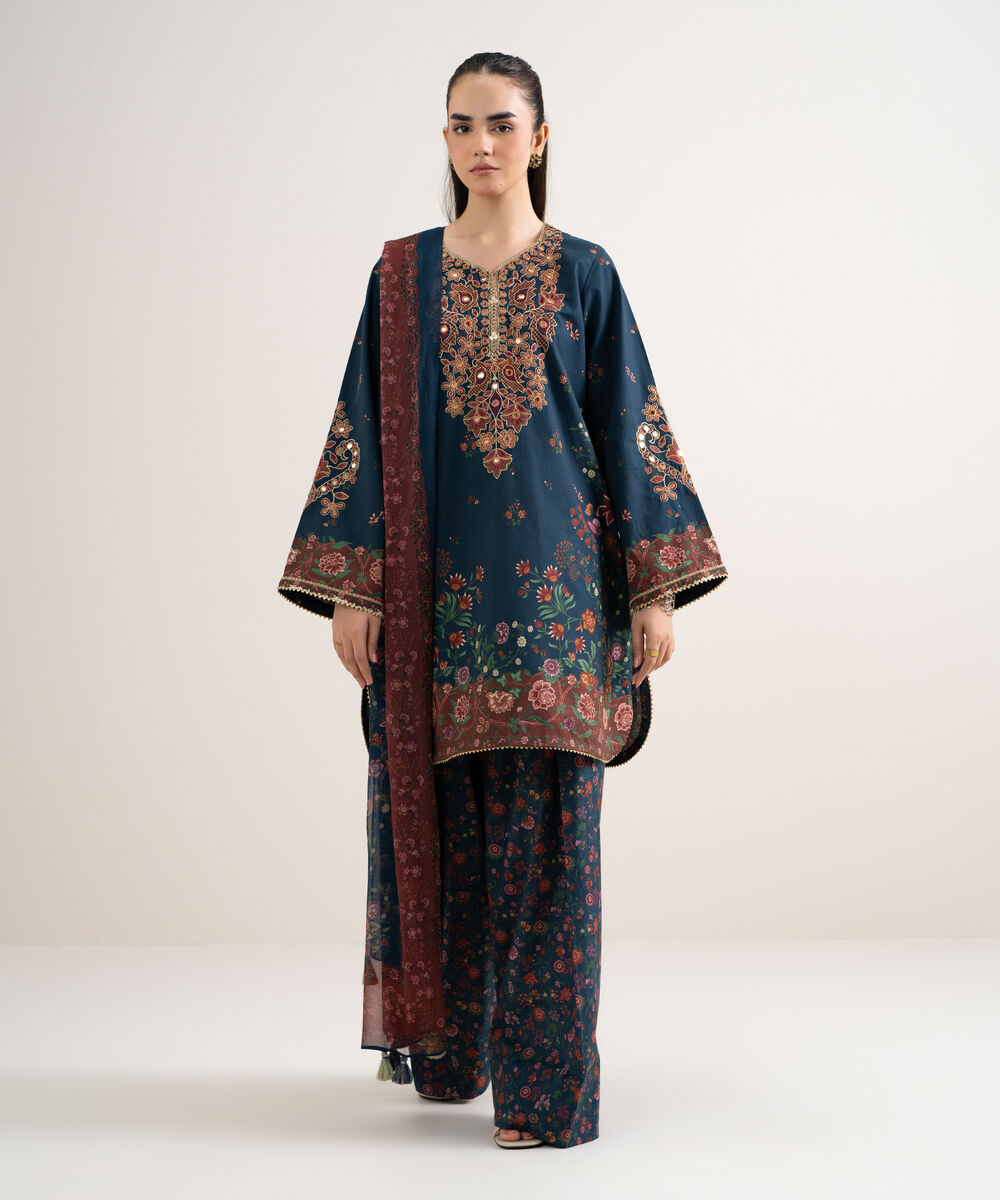Women's Unstitched Cotton Embroidered Blue