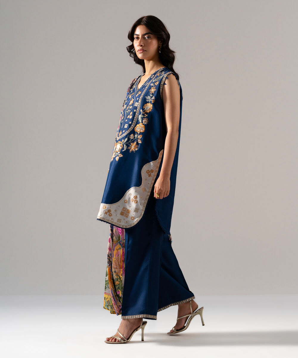 Women's RTW Solid Embroidered Blue Bright Raw Silk 3 Piece Suit