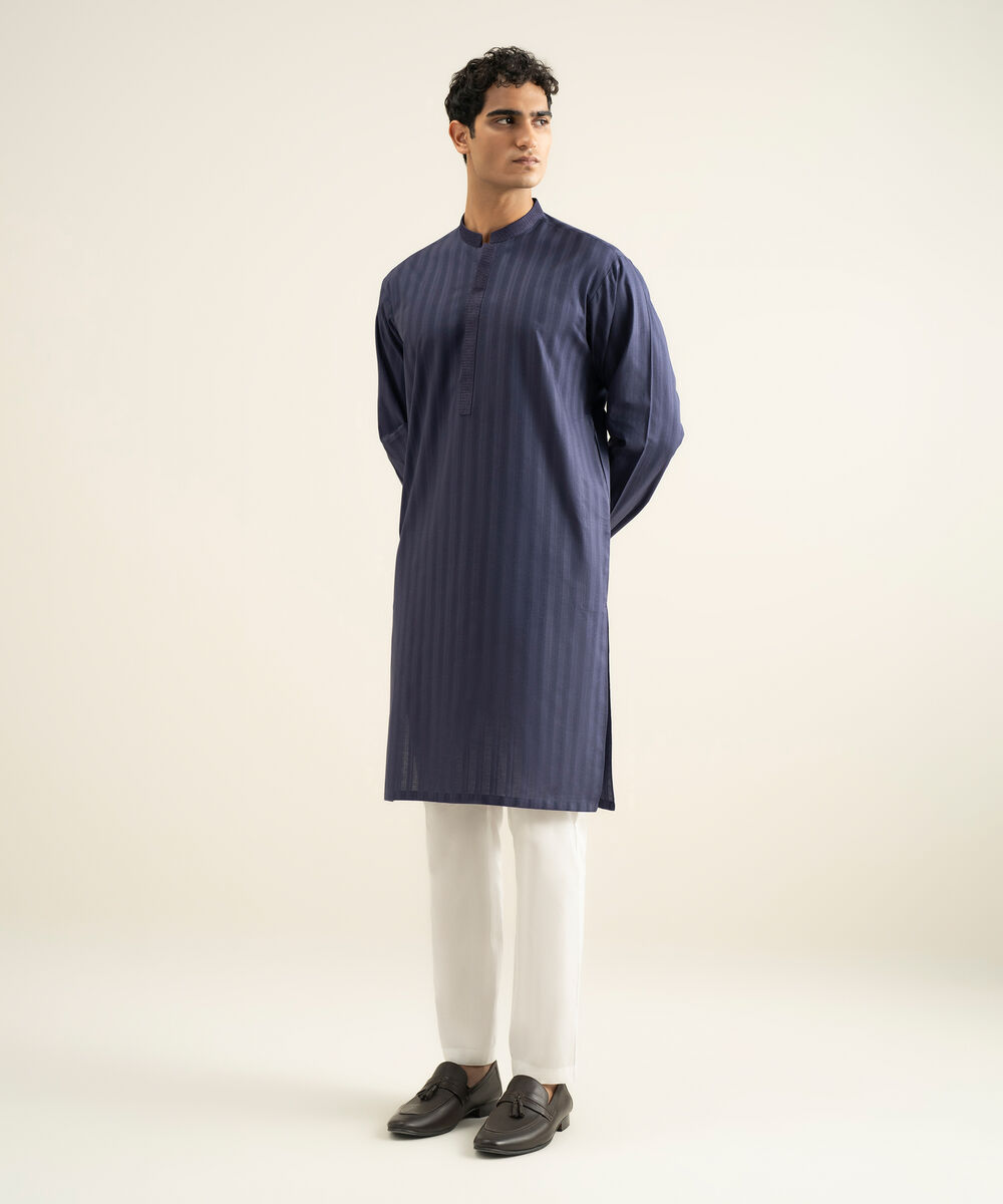 Men's indigo Leno Jacquard Kurta