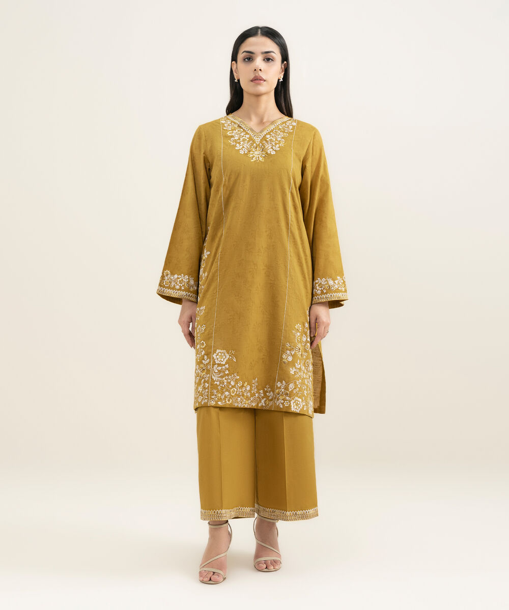 Women's RTW Self Jacquard Embroidered Yellow A-Line Shirt