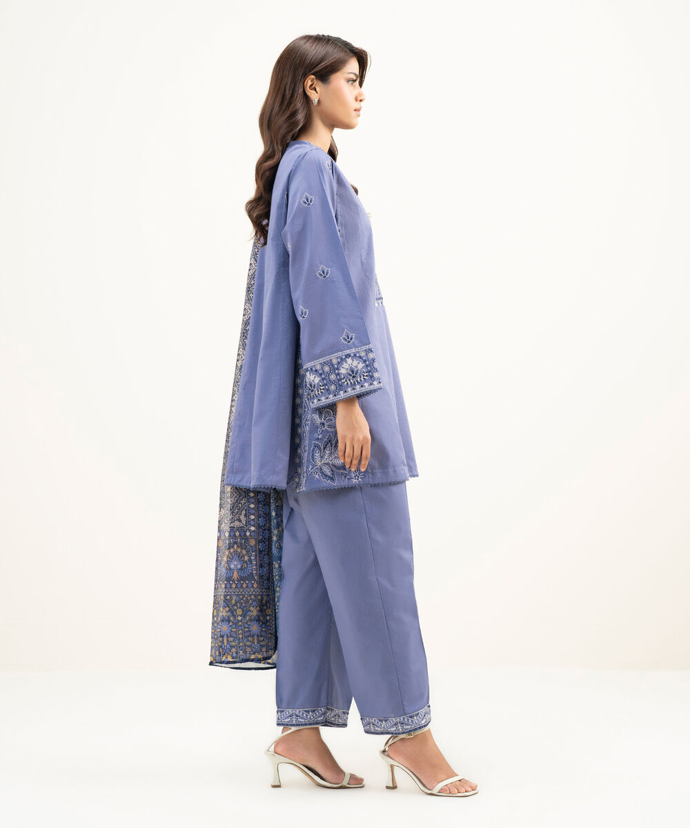 Women's RTW Dobby Embroidered Steel Blue 3 Piece Suit