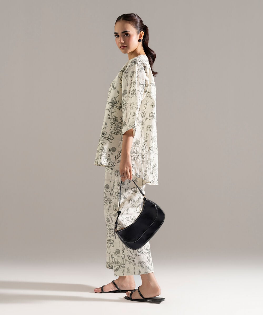 Women's RTW Seersucker Printed Cream White 2 Piece Suit