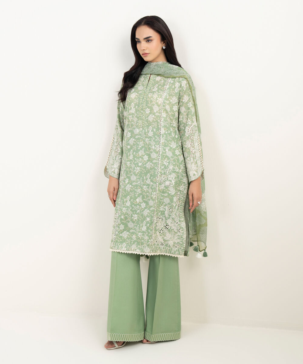 Women's Unstitched Lawn Embroidered Green 3 Piece Suit