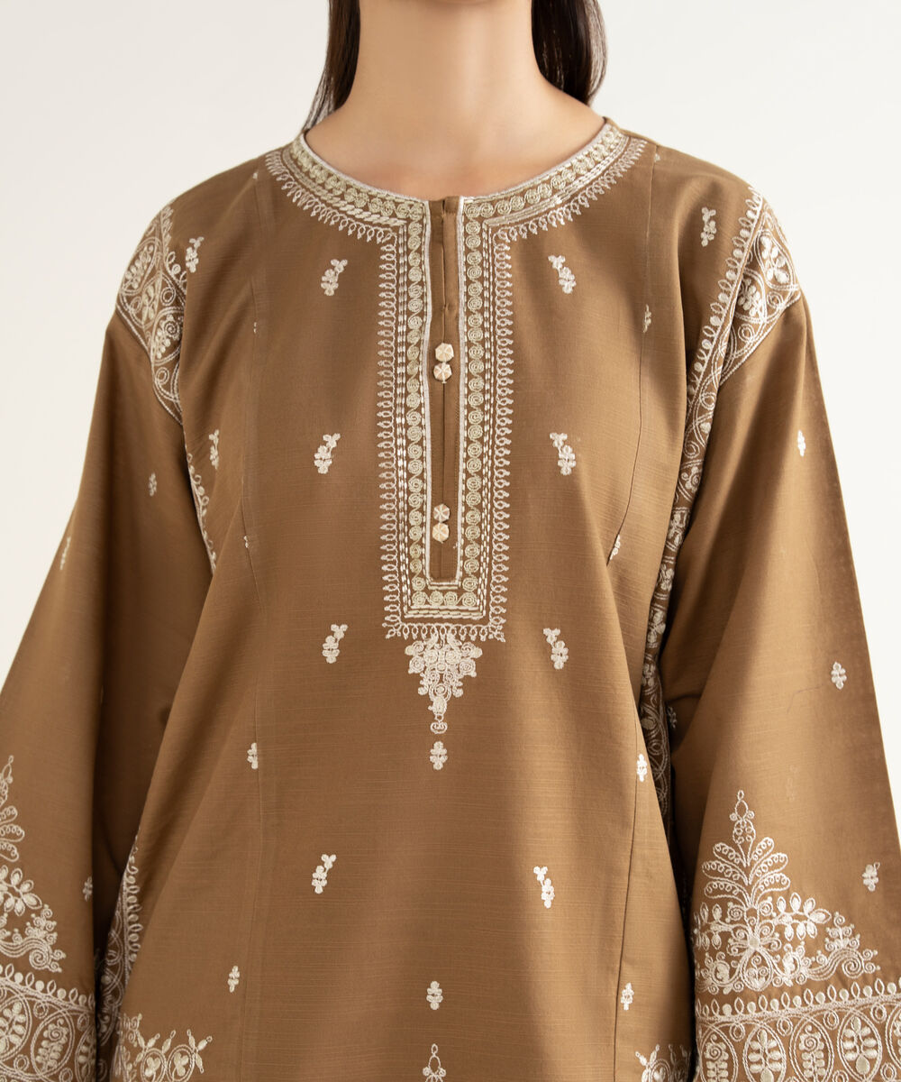 Women's RTW Khaddar Embroidered Brown Straight Shirt