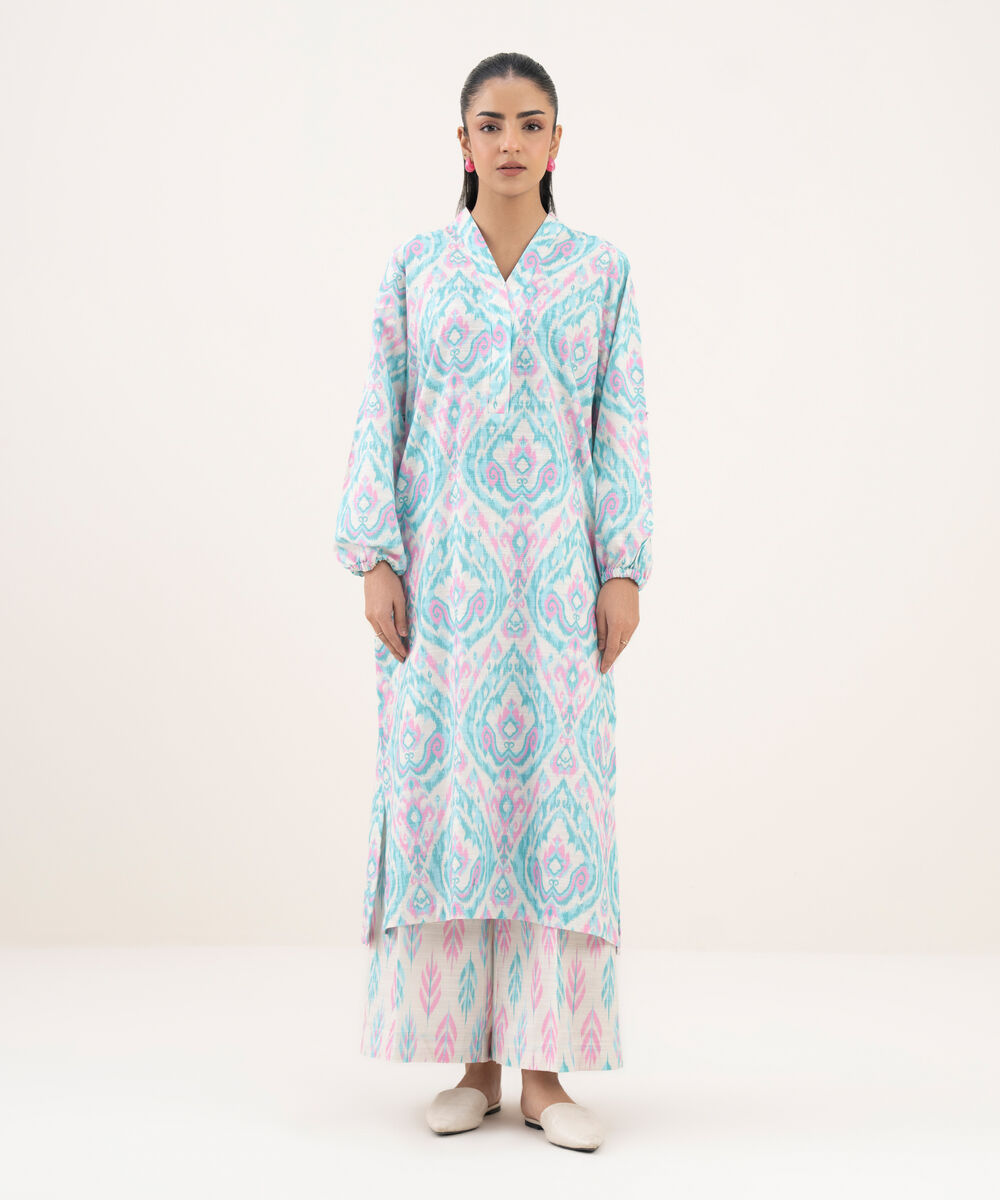 Women's RTW Khaddar Printed Straight Turquoise Shirt