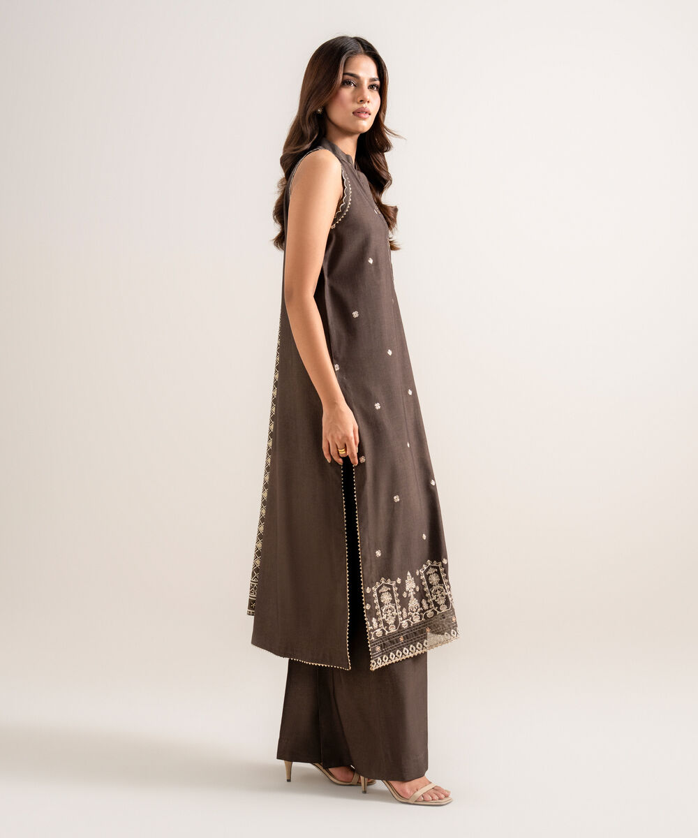 Women's Unstitched Embroidered Linen Brown 3 Piece Suit