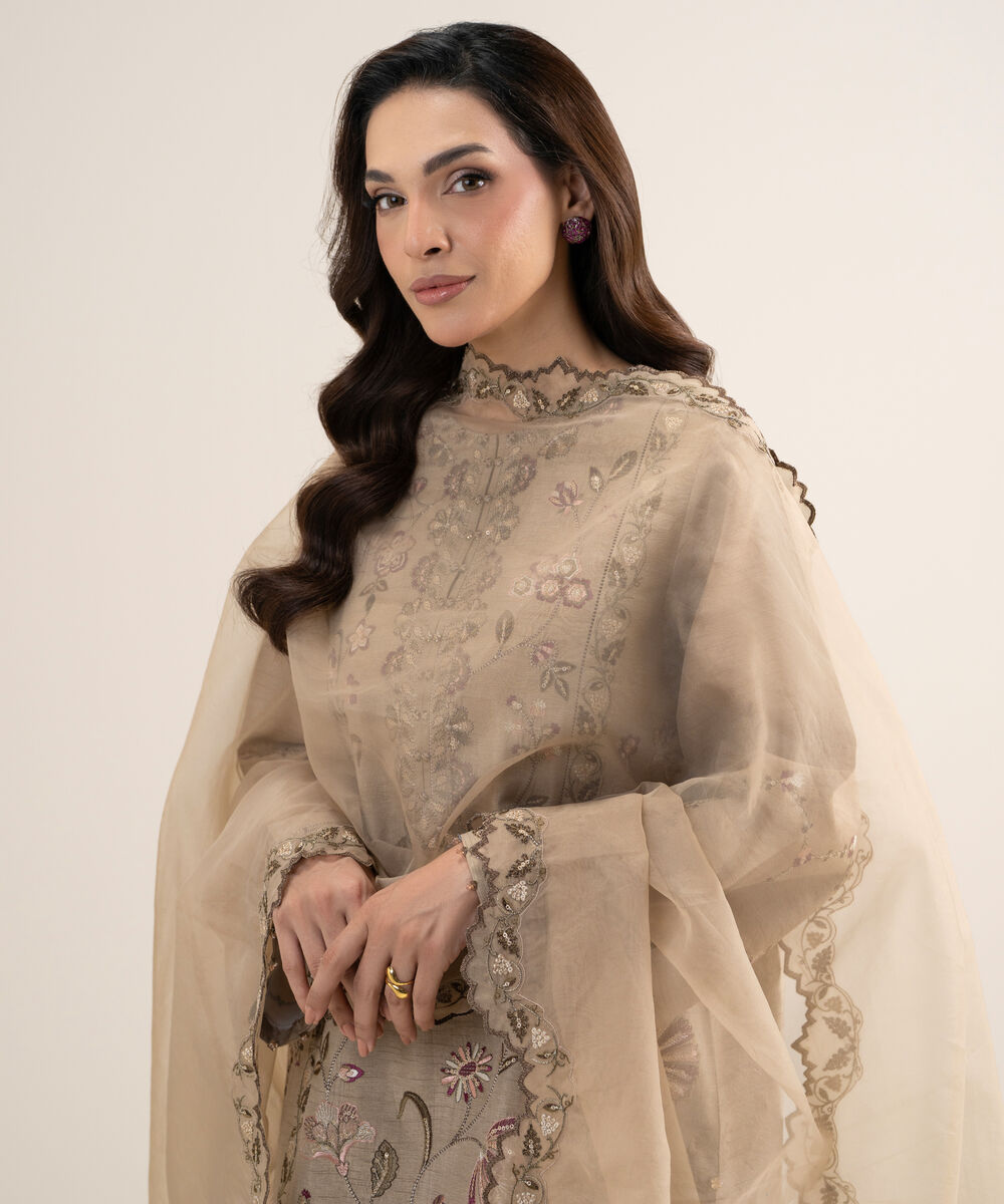 Women's Unstitched Embroidered Viscose Raw Silk Beige 3 Piece Suit