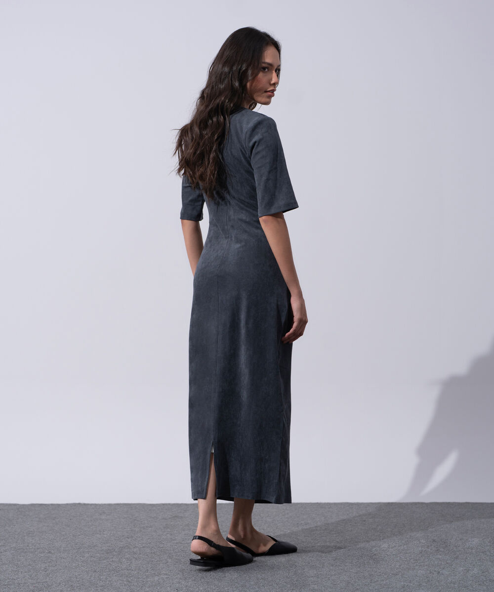 Women's Western Wear Grey Polyester Pleated Faux Suede Long Dress