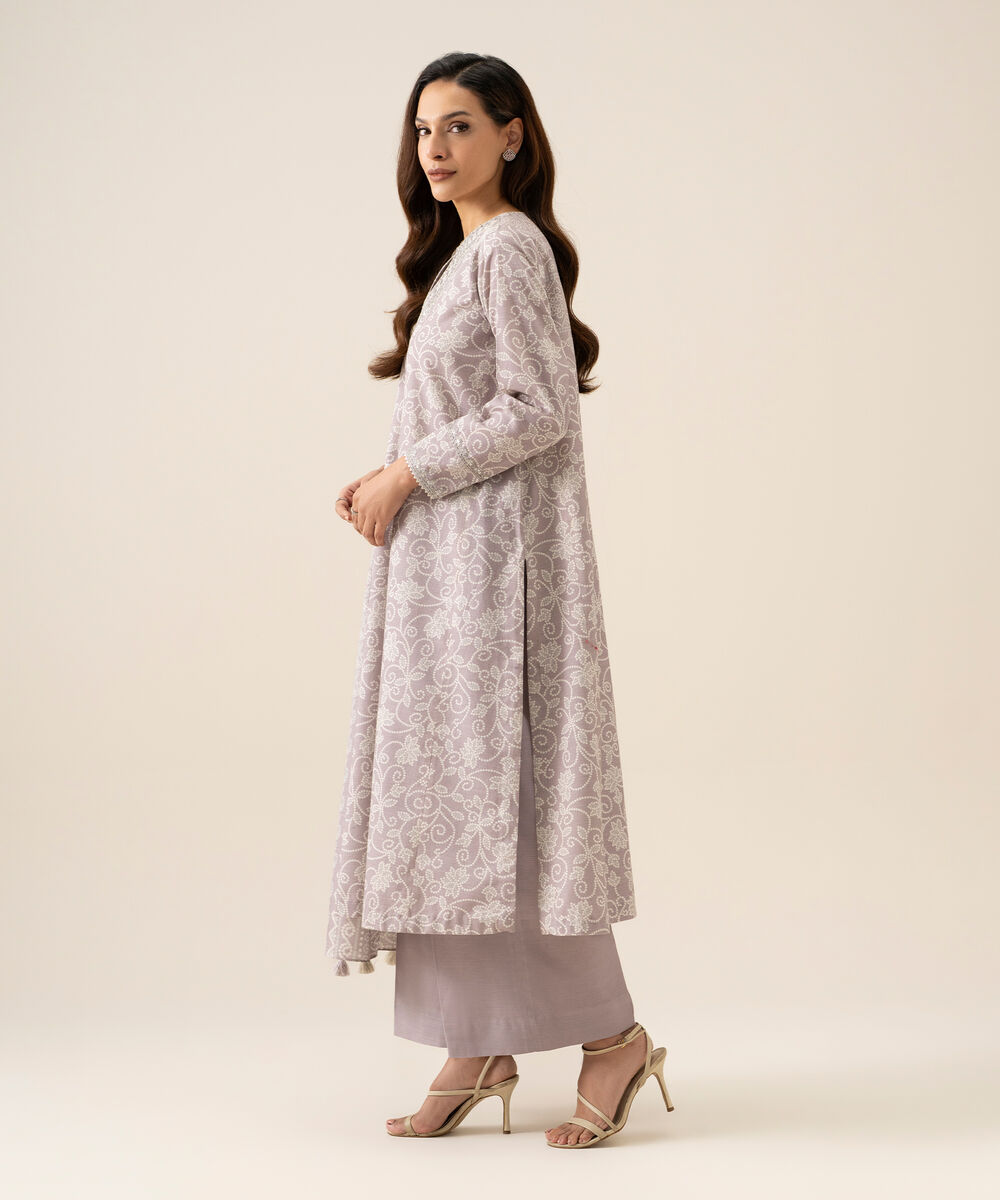 Women's Unstitched Light Khaddar Printed Light Grey 3 Piece Suit