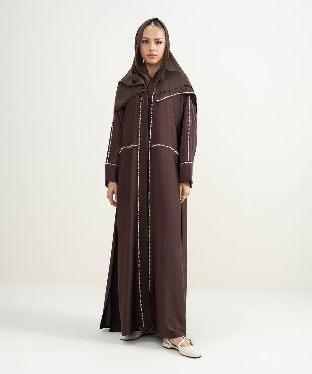 Women's Chocolate Brown Kimono Embroidered Abaya Set
