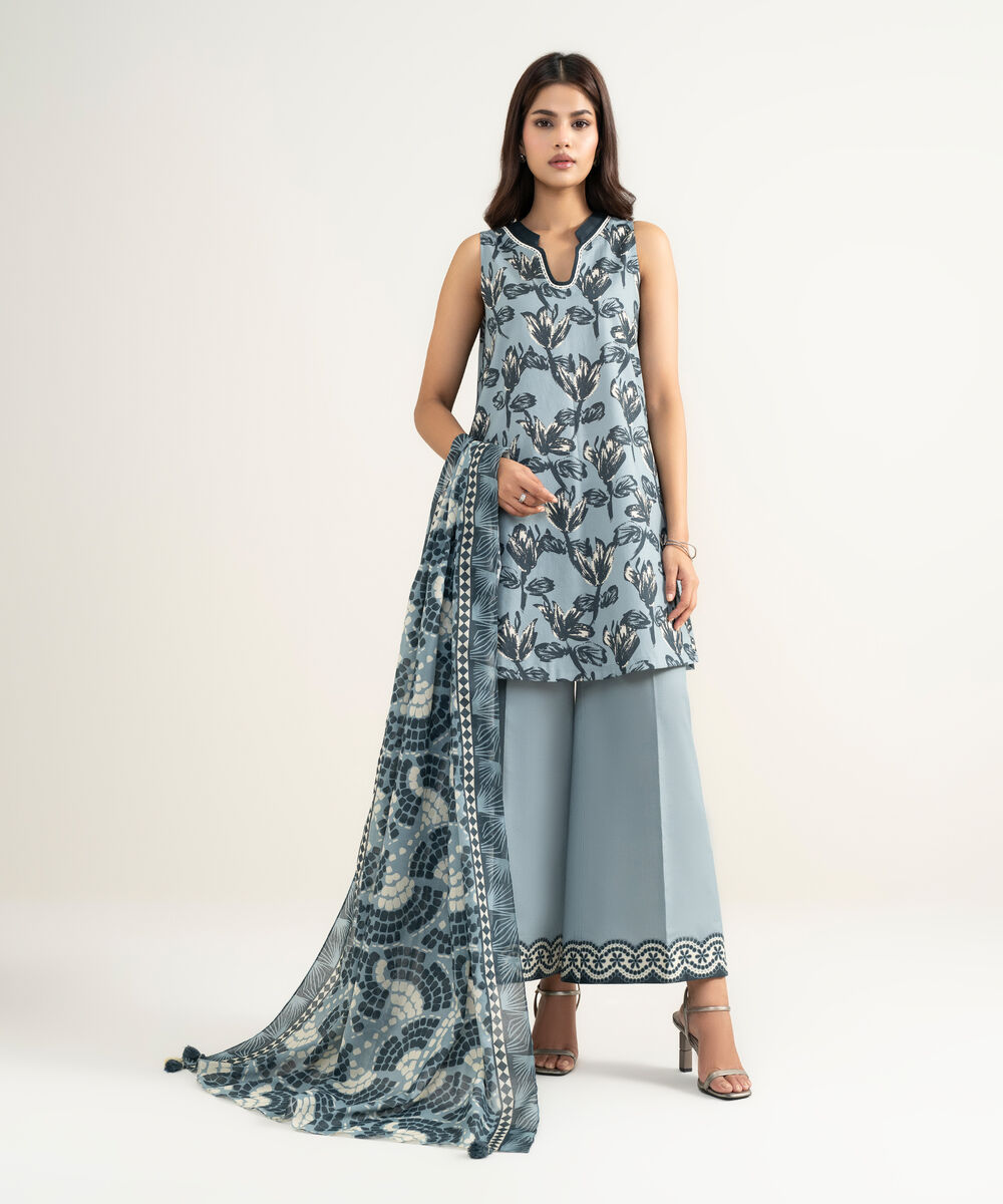 Women's Unstitched Lawn Printed Grey 3 Piece Suit