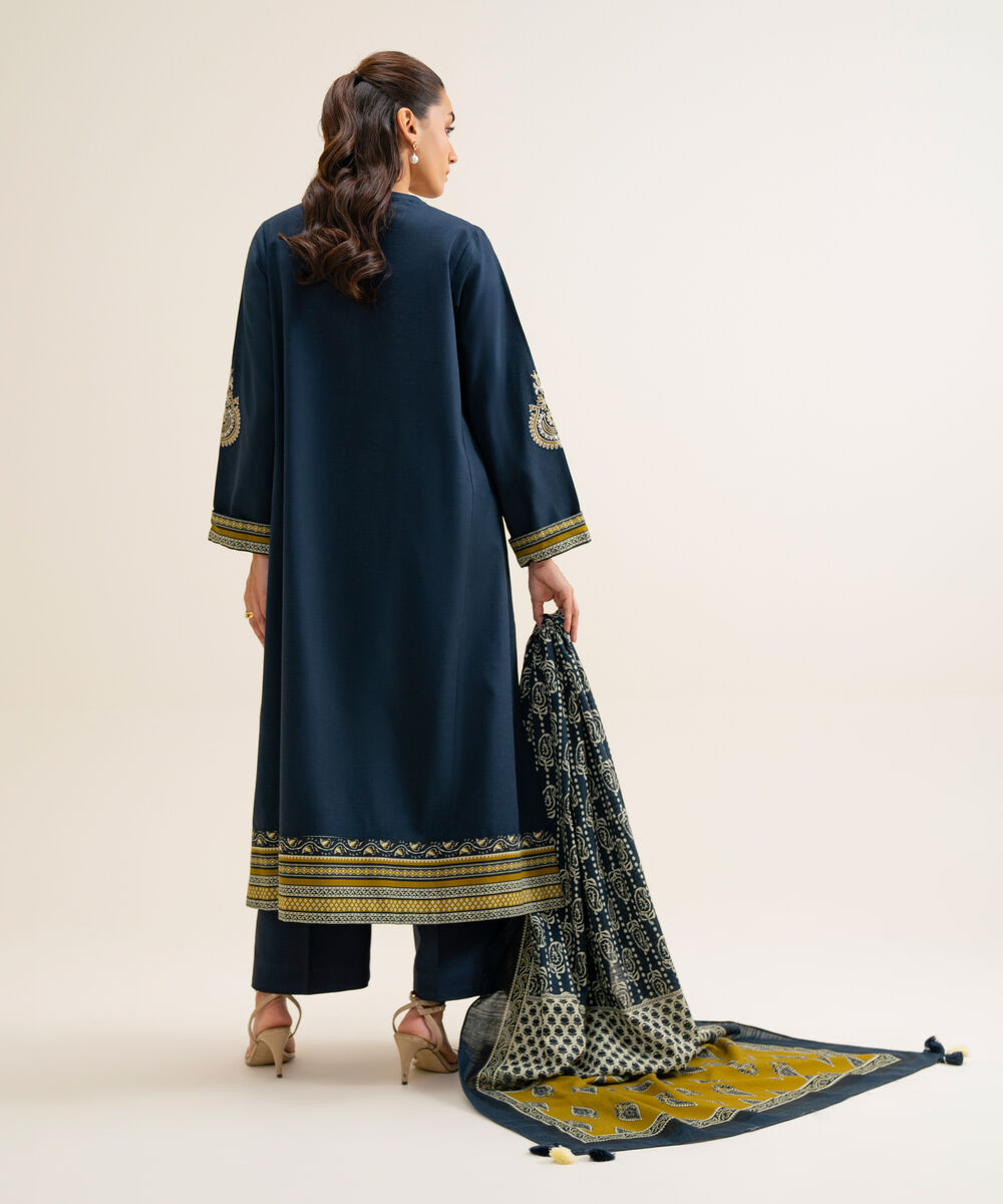 Women's Unstitched Light Khaddar Embroidered Blue 3 Piece Suit