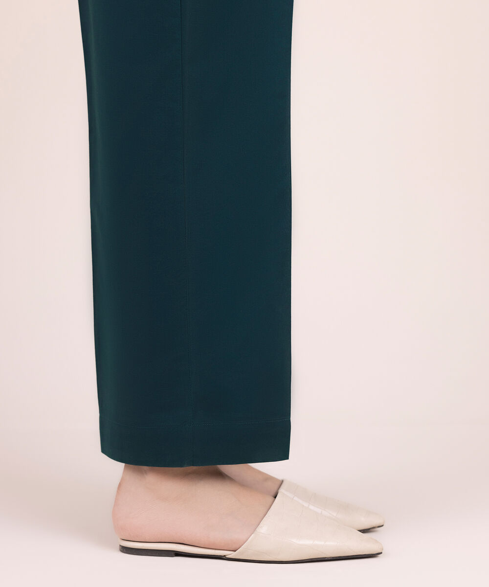 Women's RTW Cambric Solid Green Straight Pants