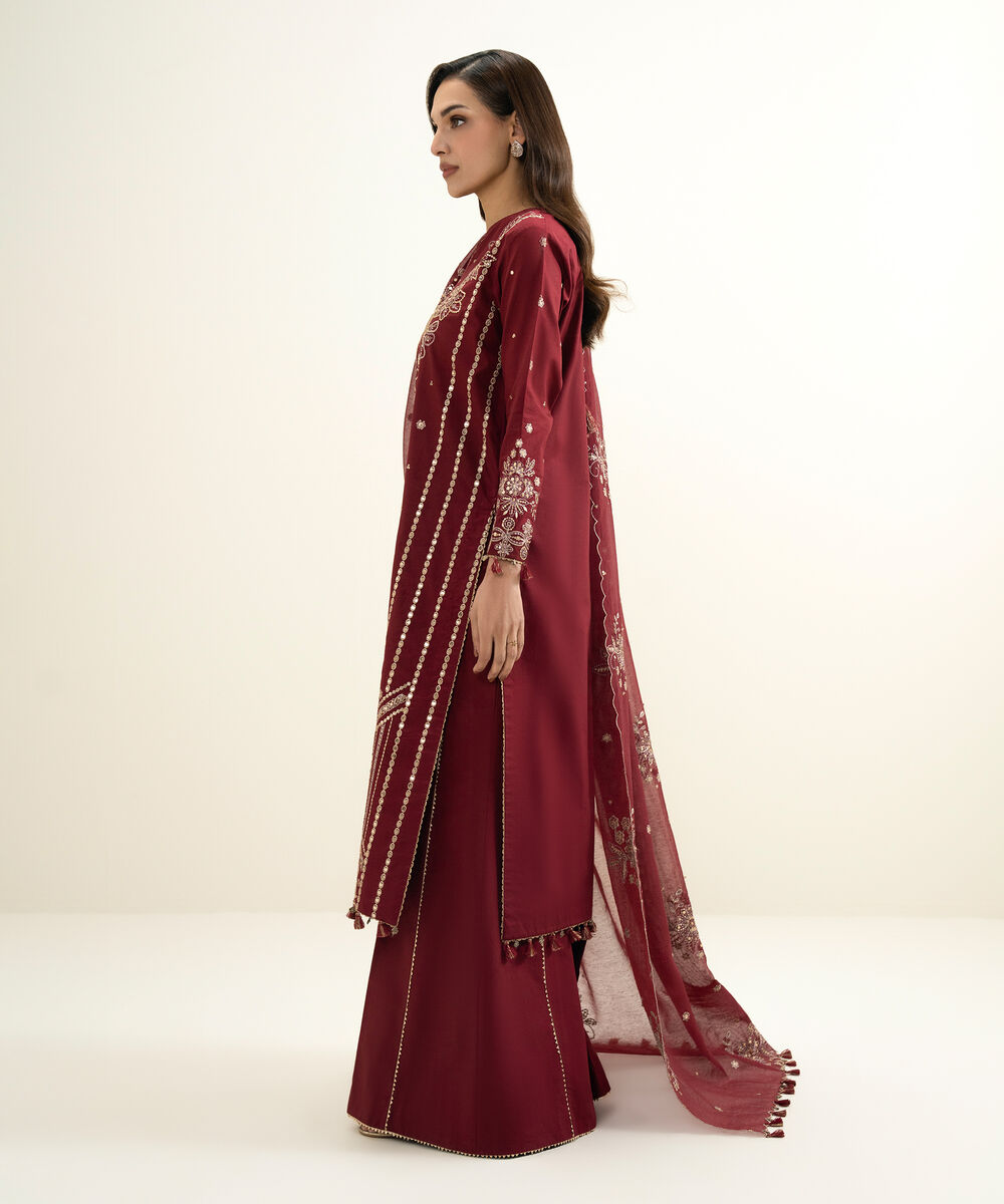 Women's Unstitched Lawn Embroidered Red 3 Piece Suit