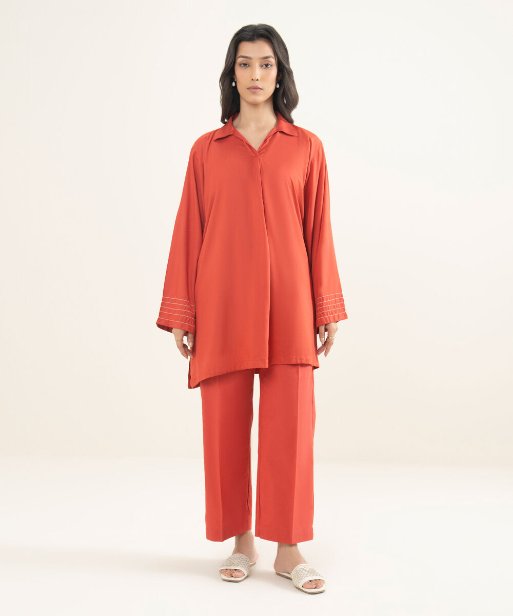 Women's RTW Arabic Lawn Solid Orange Straight Shirt