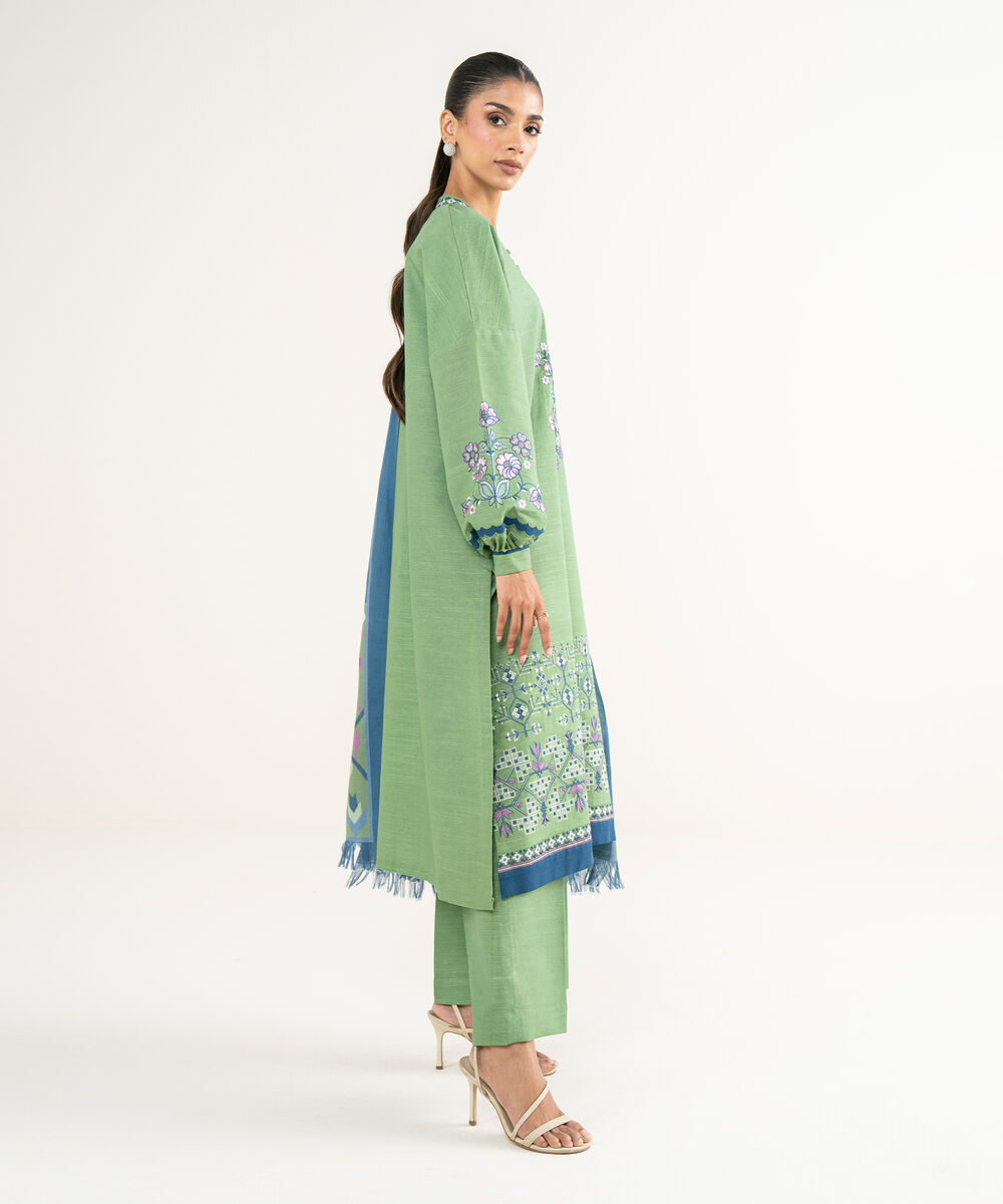 Women's Unstitched Twill Embroidered Green  3 Piece Suit