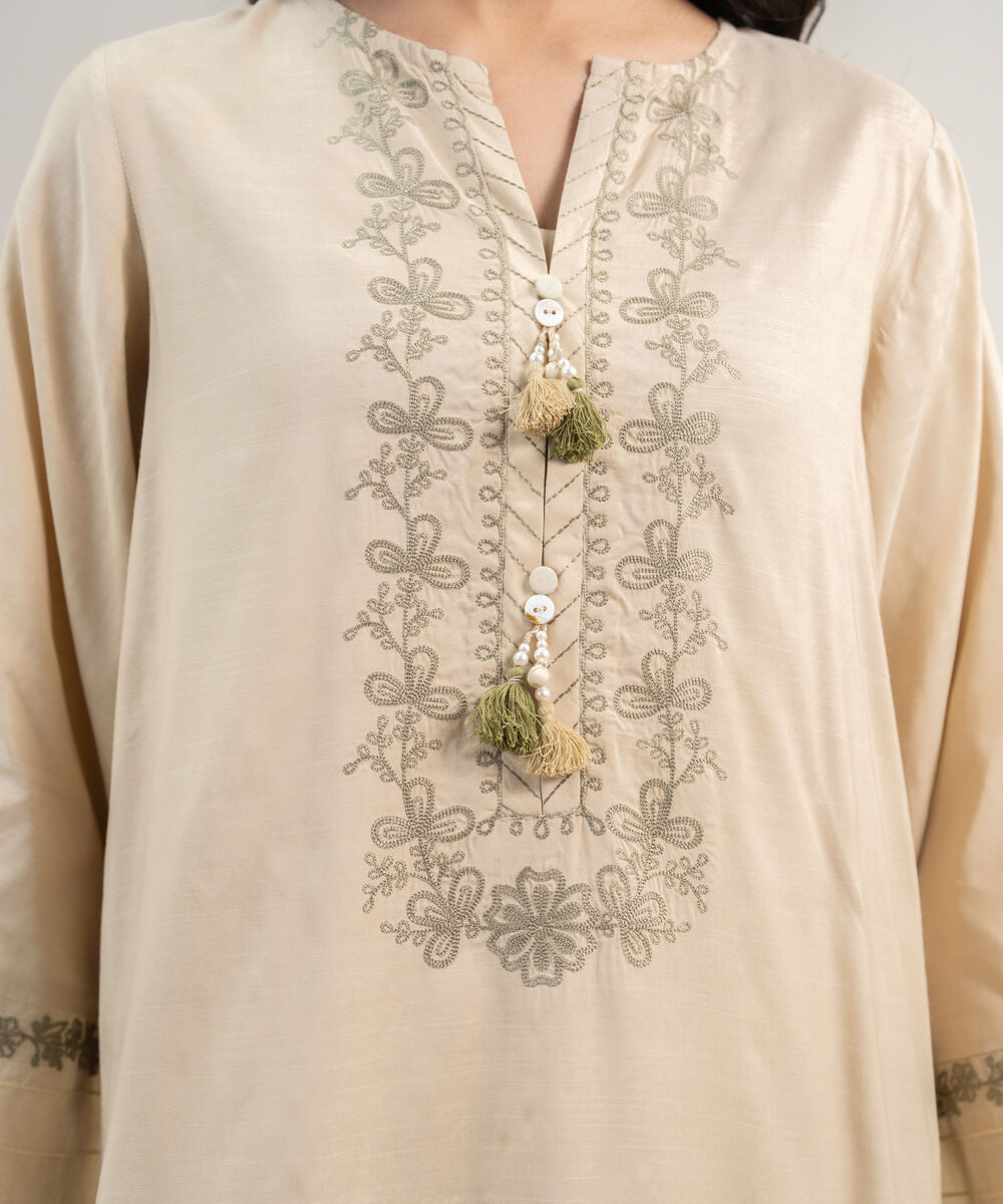 Women's RTW Viscose Raw Silk Embroidered Beige 3 Piece Suit