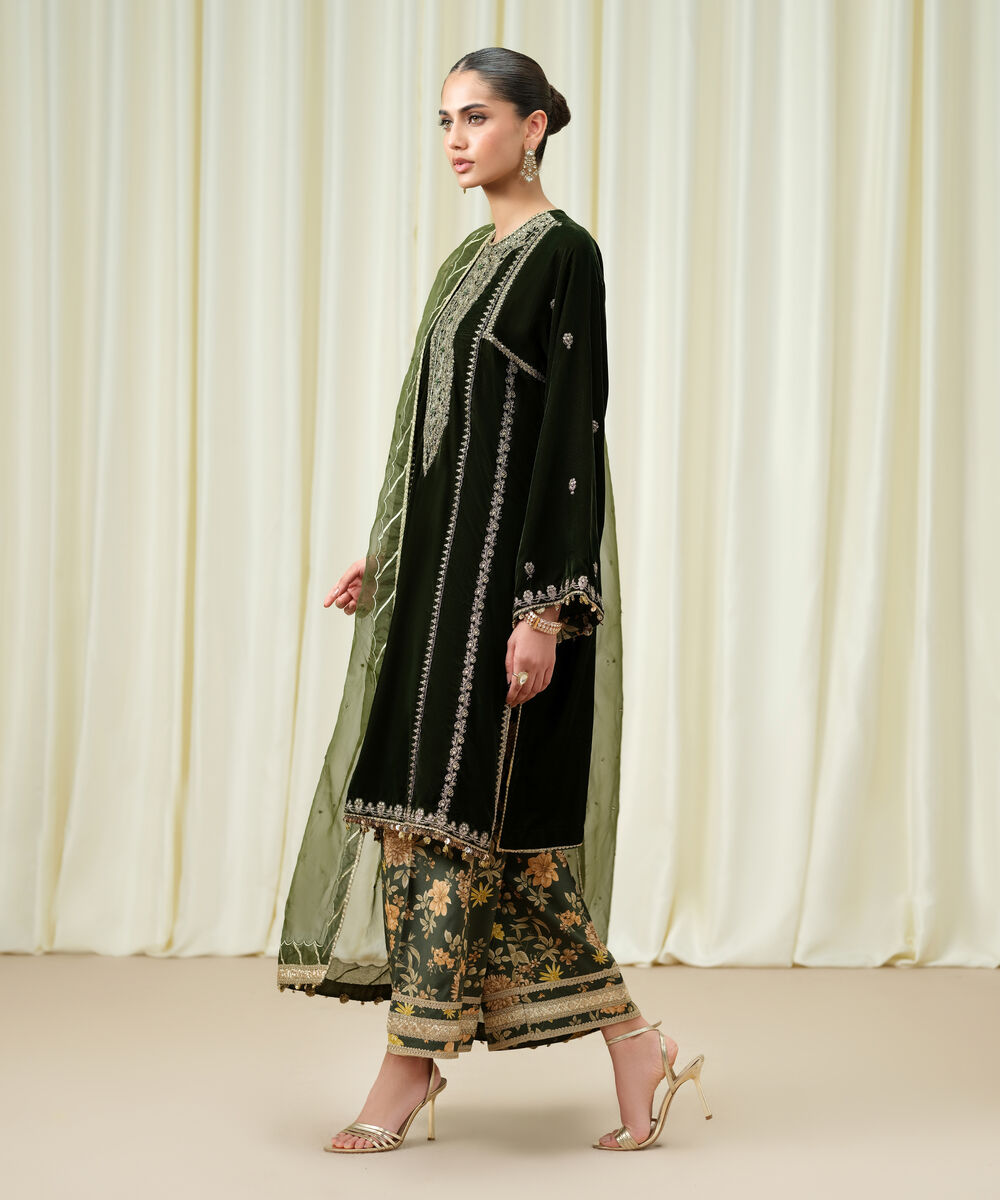 Women's Unstitched Velvet Embroidered Green 3 Piece Suit