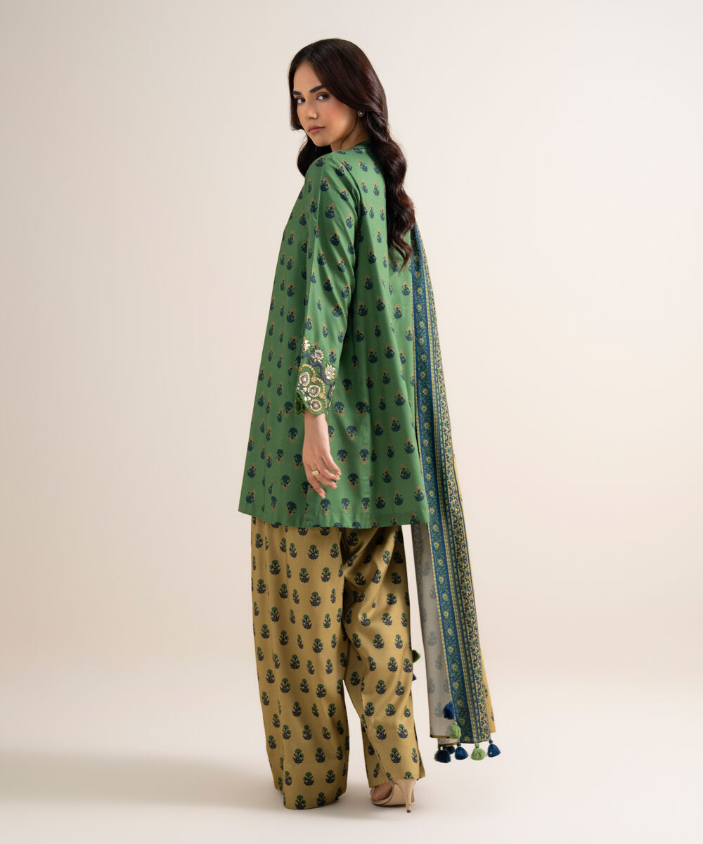 Women's Unstitched Printed Linen Green 3 Piece Suit