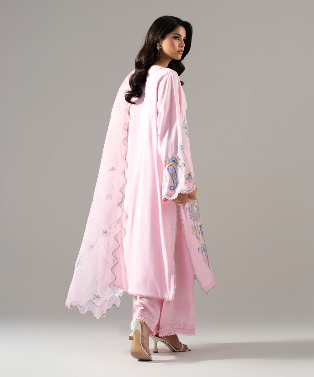 Women's RTW Raw Silk Solid Embroidered Pink 3 Piece Suit