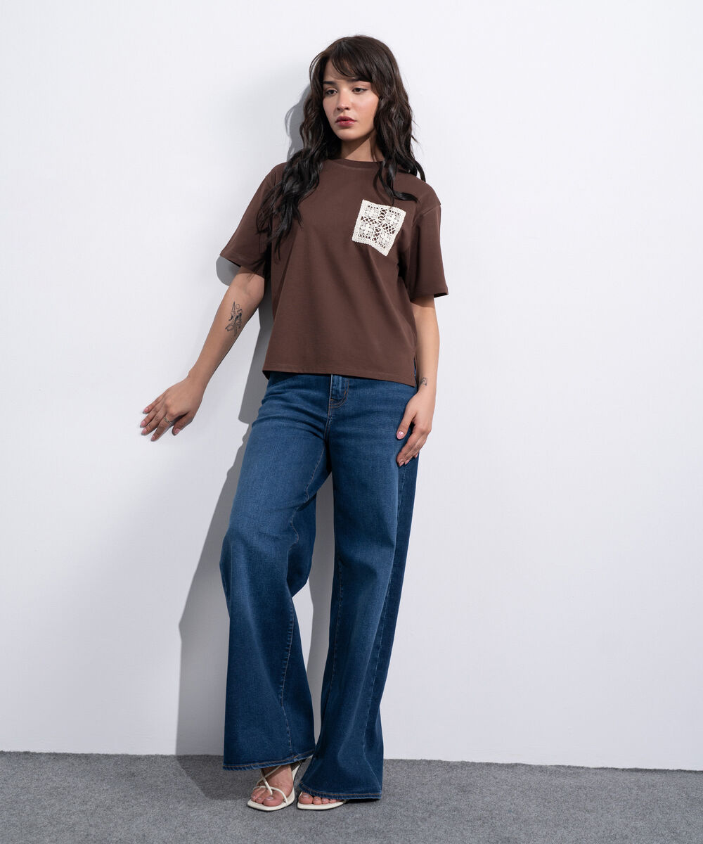Women's Western Brown T-Shirt With Crochet Patch