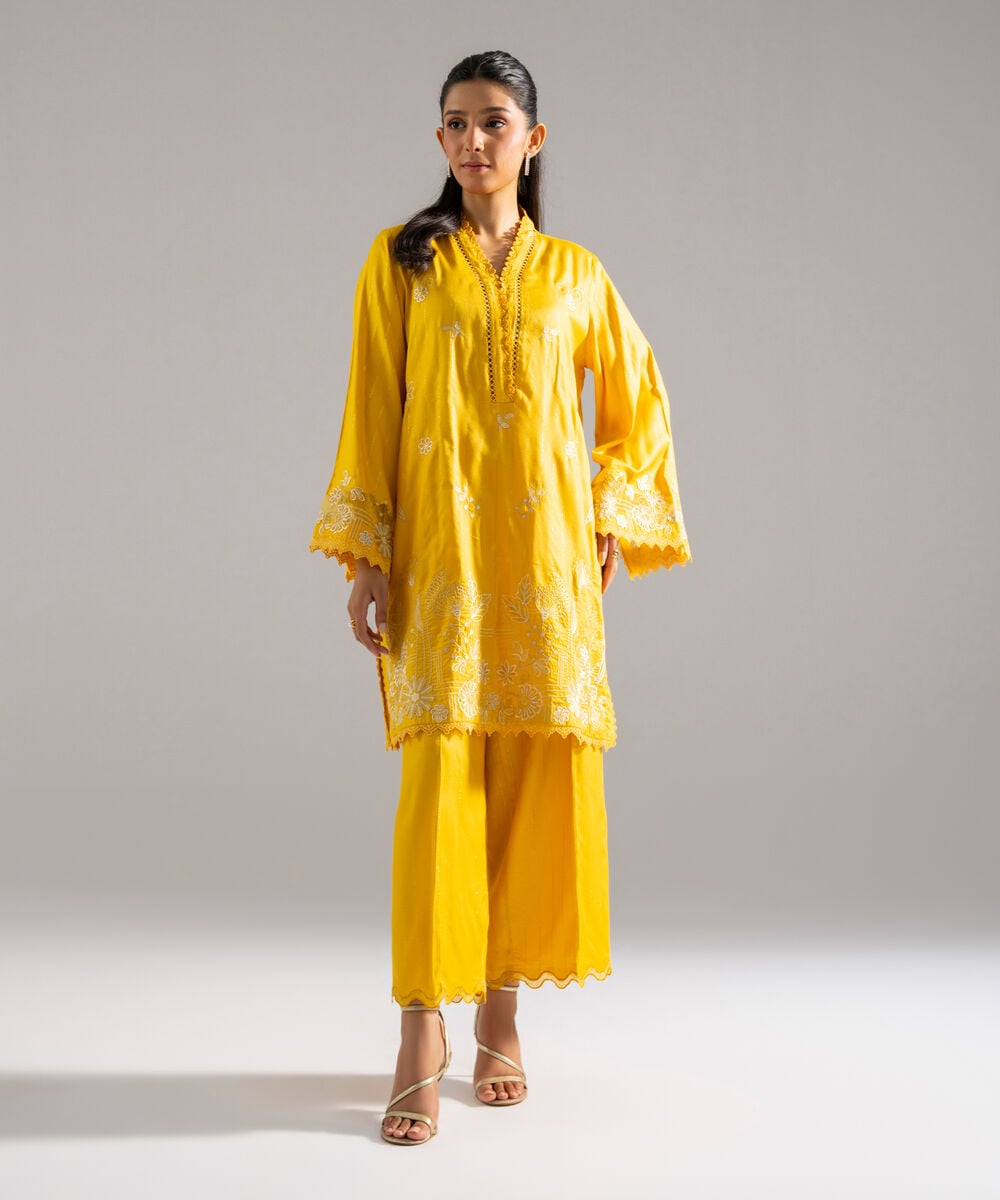 Women's RTW Dobby Crepe Lurix Solid Embroidered Yellow Straight Shirt
