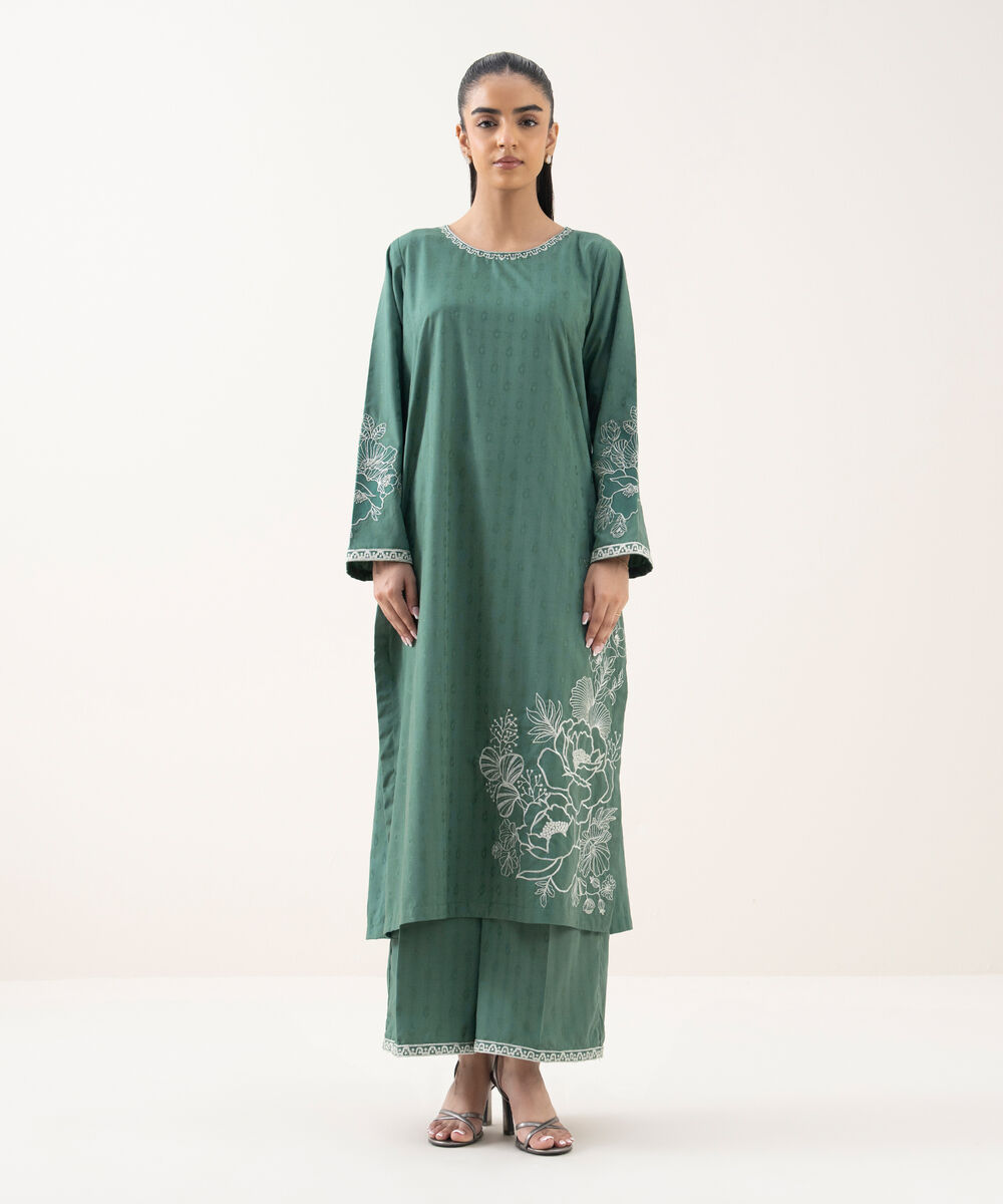 Women's RTW Cotton Jacquard Embroidered Green A-Line Shirt