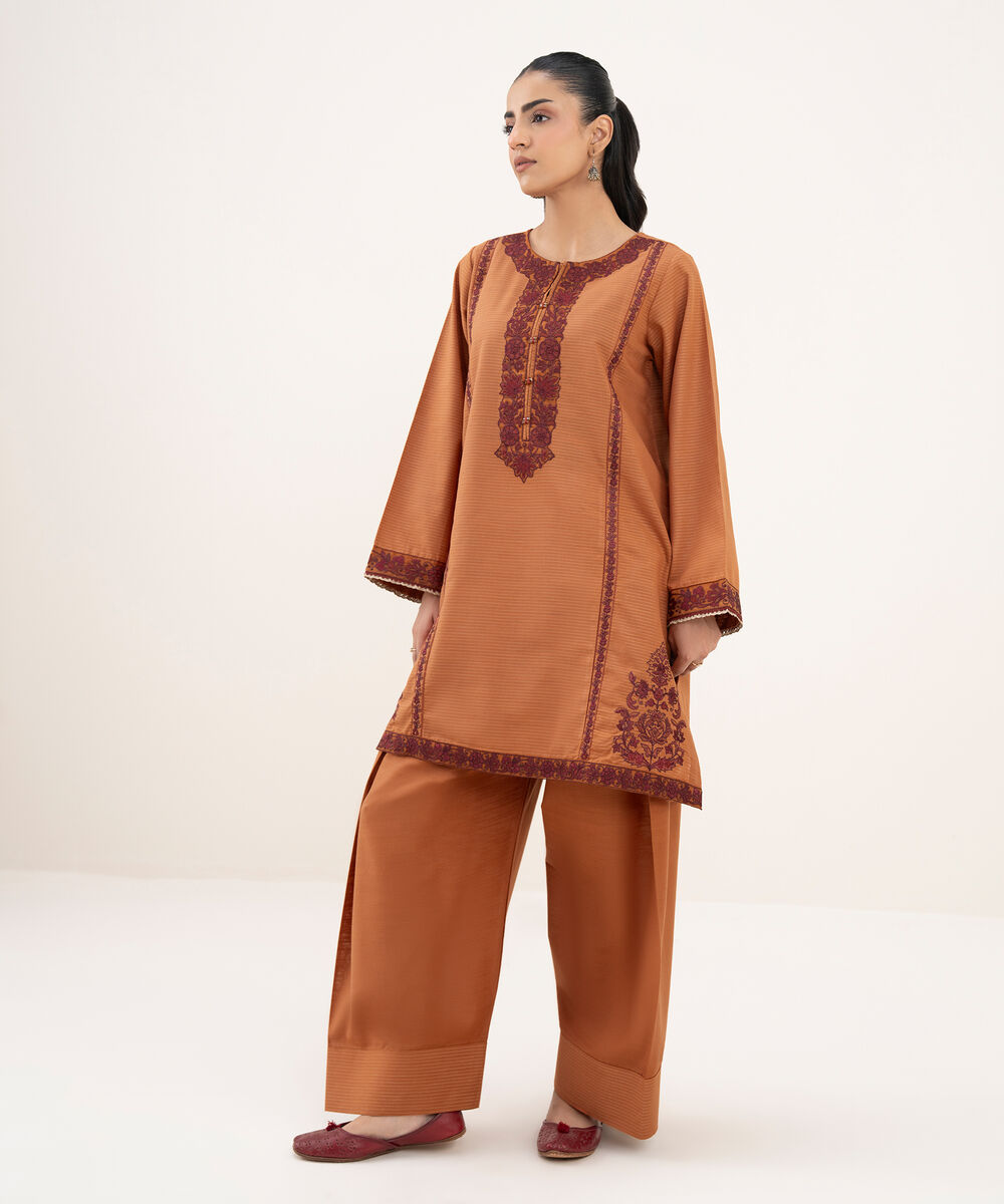 Women's RTW Cotton Embroidered Straight Orange Shirt
