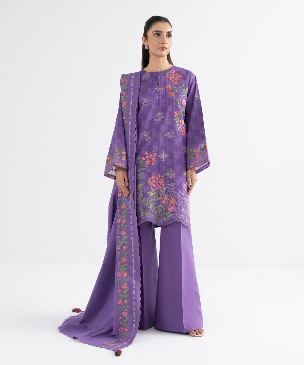 Women's Unstitched Cotton Jacquard Embroidered Purple 3 Piece Suit