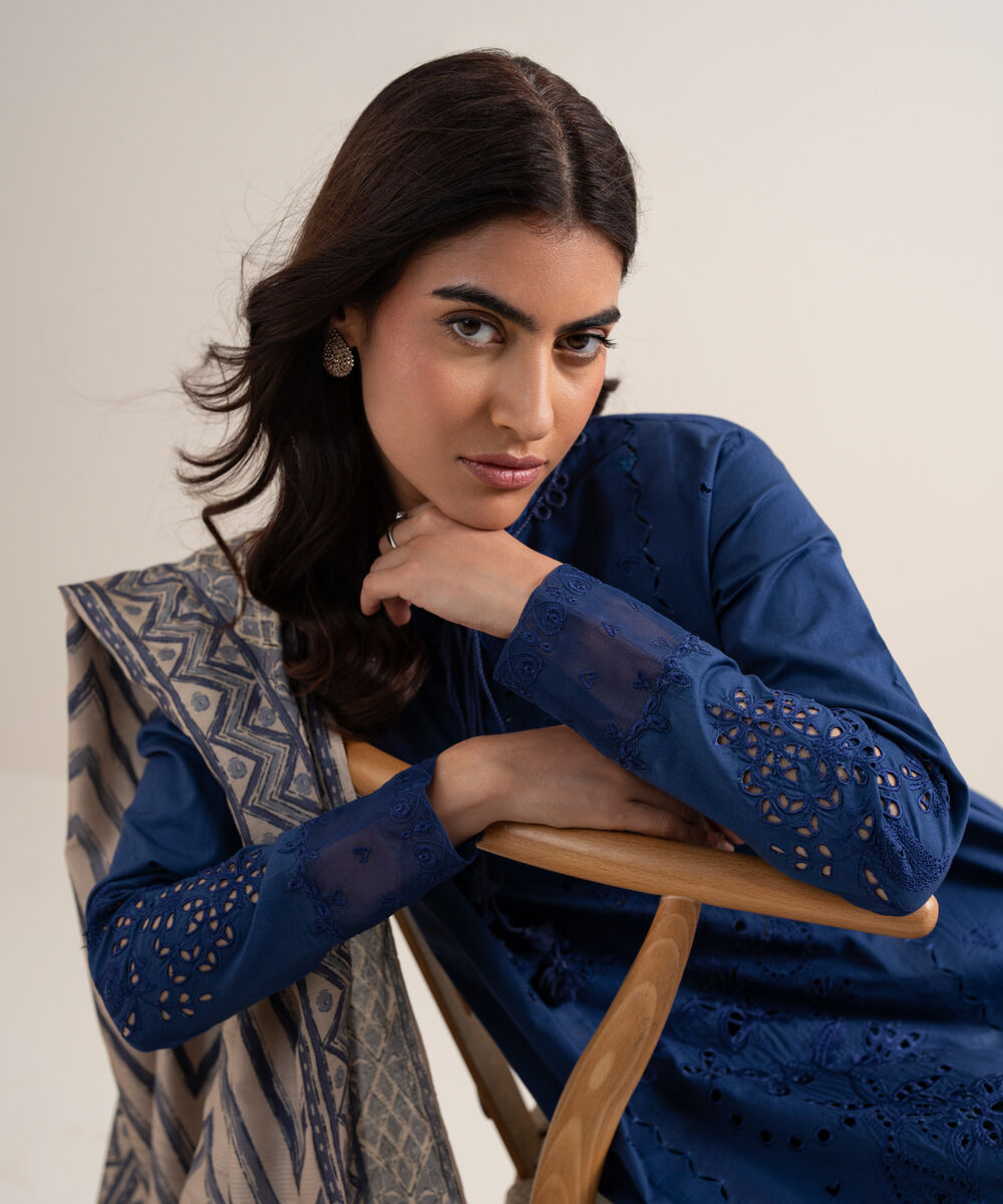 Women's Unstitched Cotton Embroidered Blue 3 Piece Suit