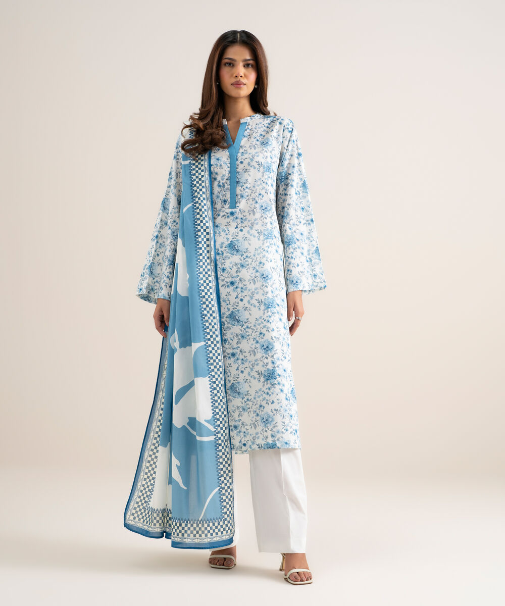 Women's Unstitched Lawn Printed White and Blue 3 Piece Suit