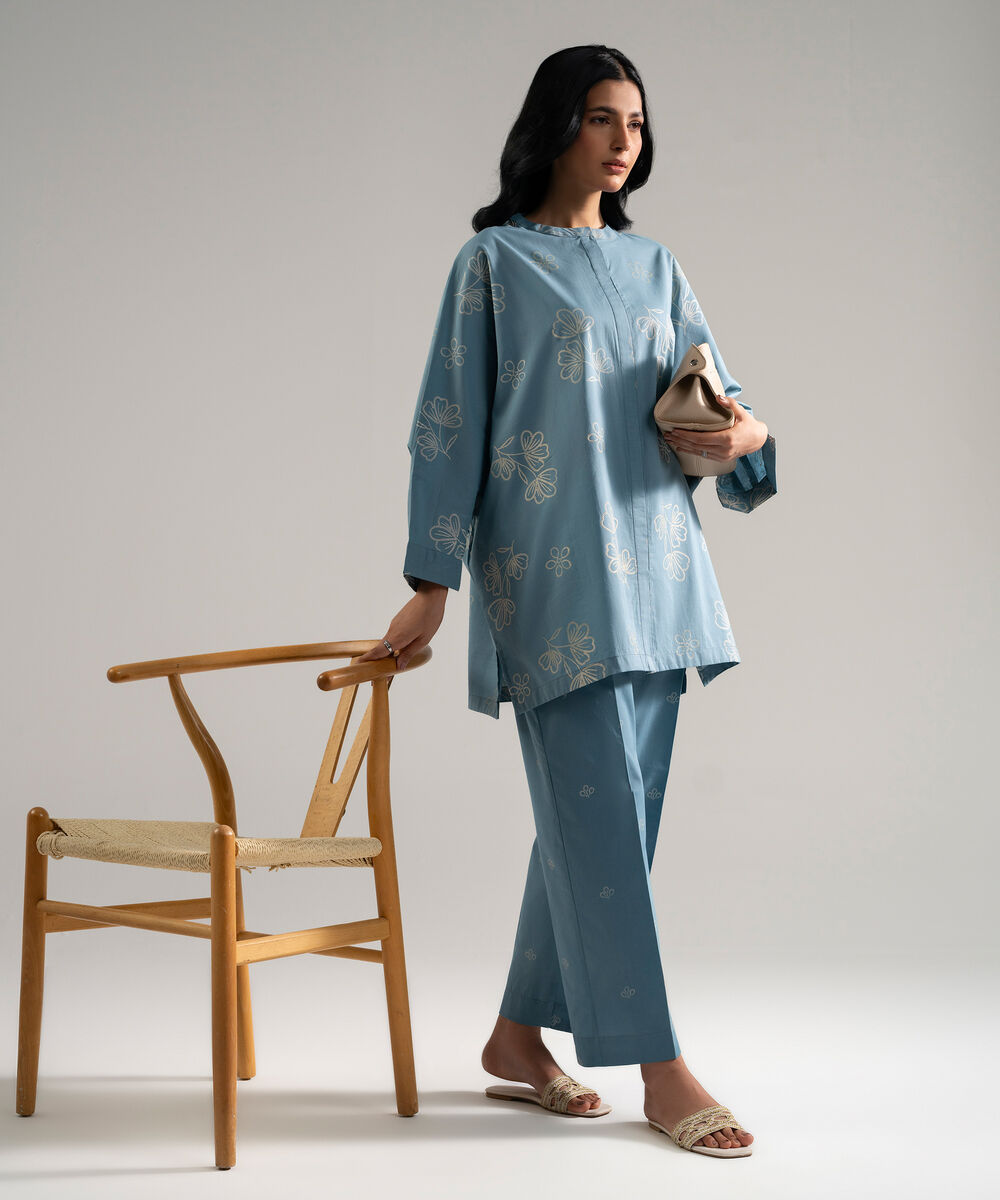Women's RTW Slub Lawn Printed Blue 2 Piece Suit