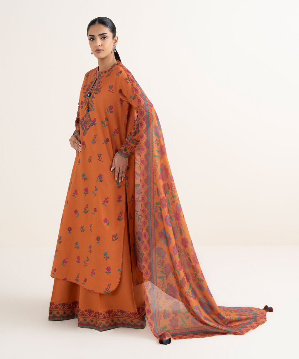 Women's Unstitched Cotton Embroidered Orange 3 Piece Suit