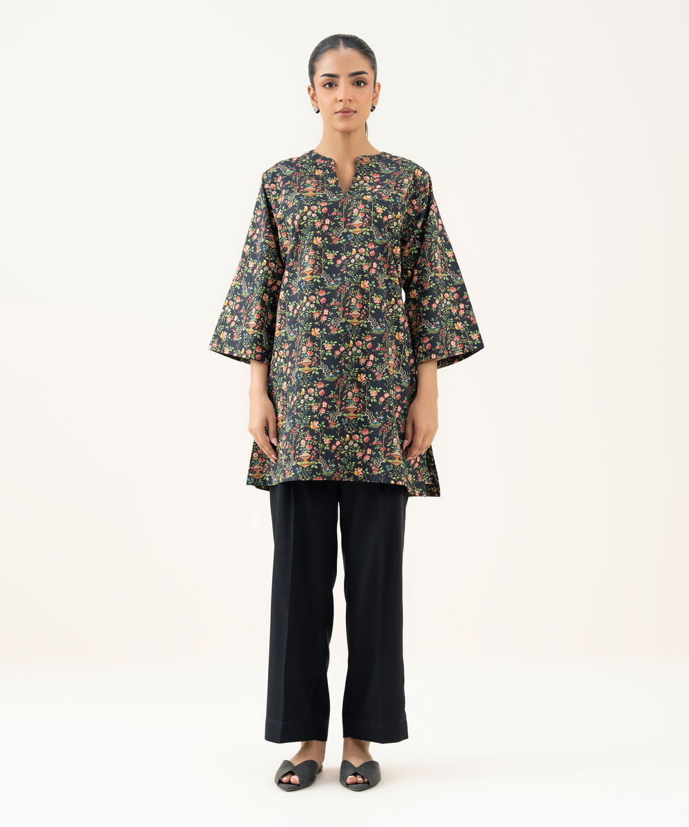 Women's RTW Cambric Printed Black Straight Shirt