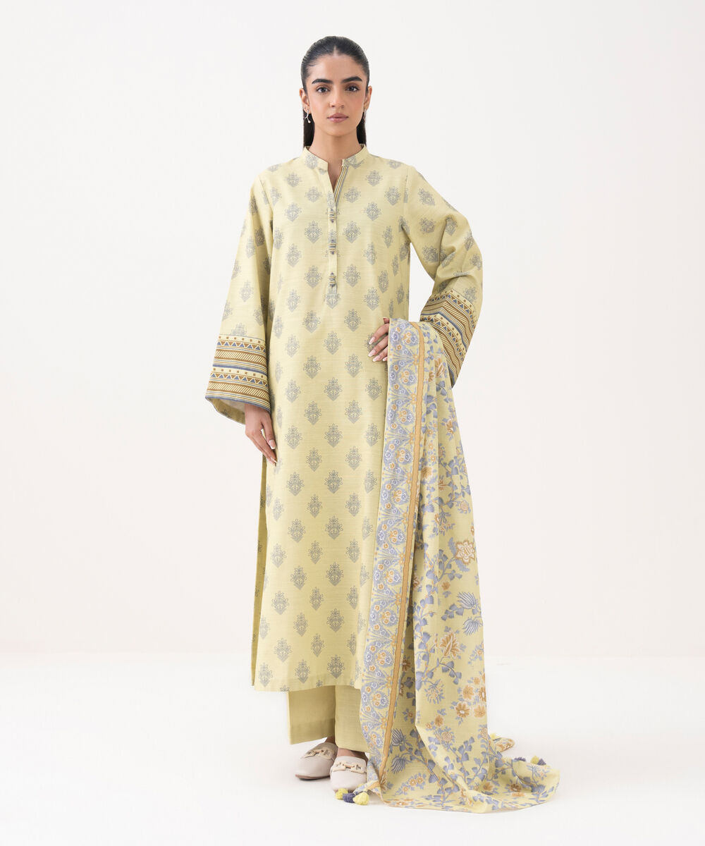 Women's Unstitched Cotton Printed Yellow 3 Piece Suit