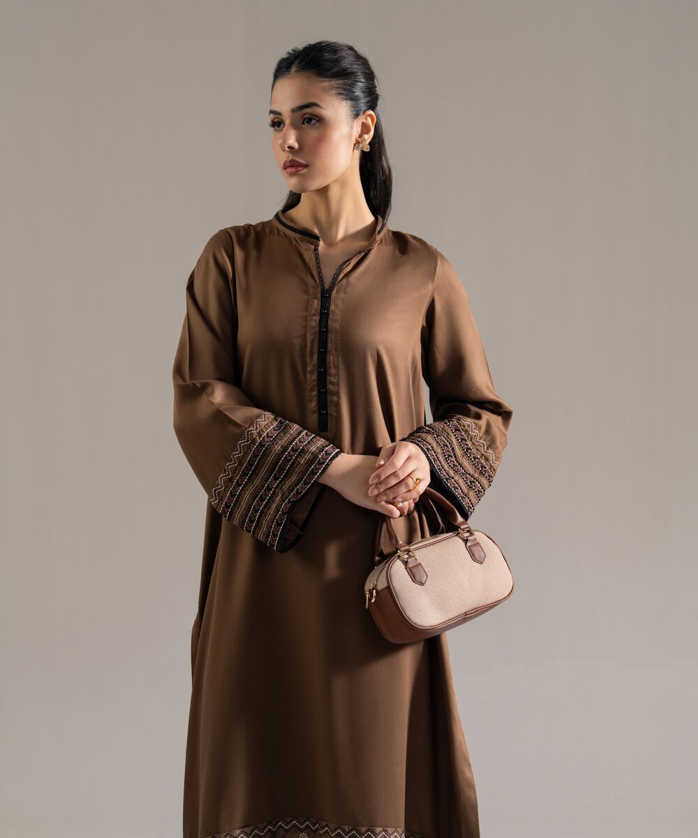 Women's RTW Bedford Solid Embroidered Brown Straight Shirt