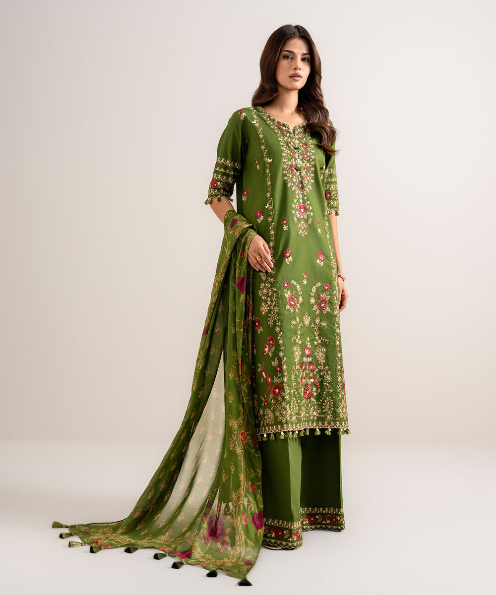 Women's Unstitched Embroidered Cotton Viscose Green 3 Piece Suit