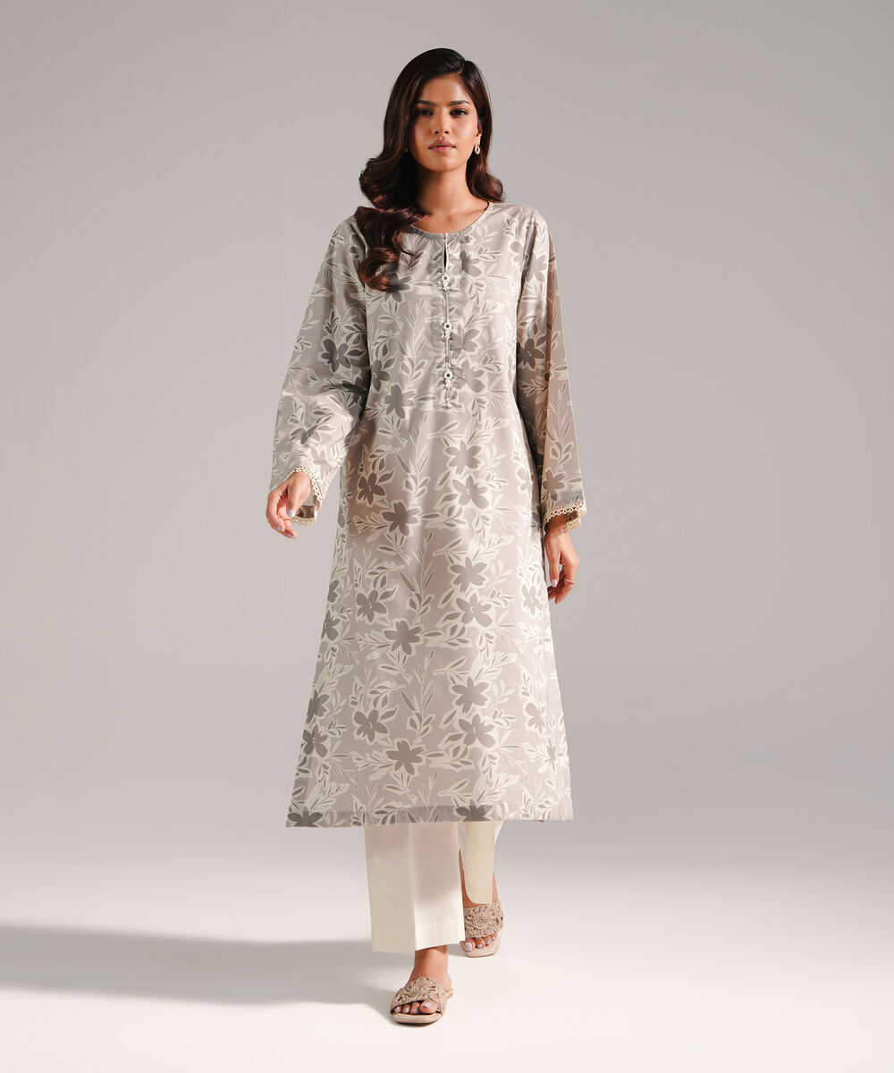 Women's RTW Cotton Viscose Printed Grey 2 Piece Suit