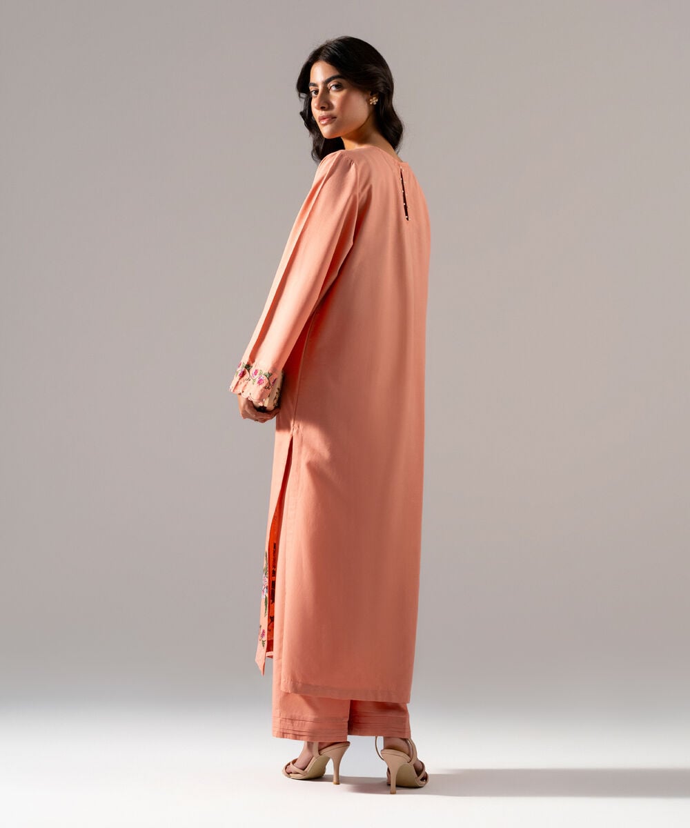 Women's RTW Solid Embroidered Peach Cotton Viscose Shirt