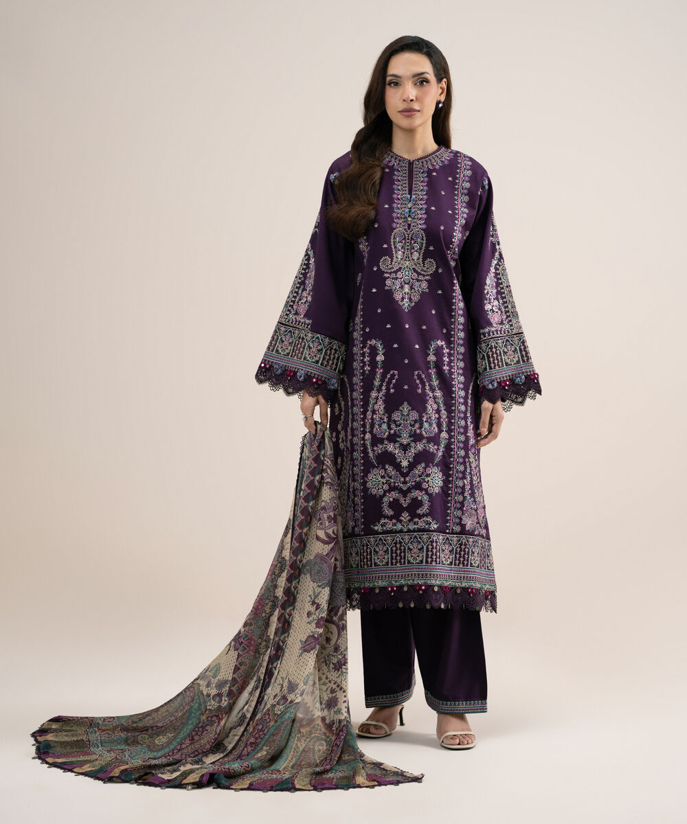 Women's Unstitched Embroidered Fine Cotton Satin Purple 3 Piece Suit