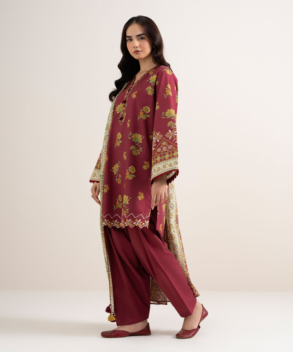 Women's Unstitched Cotton Embroidered Red 3 Piece Suit