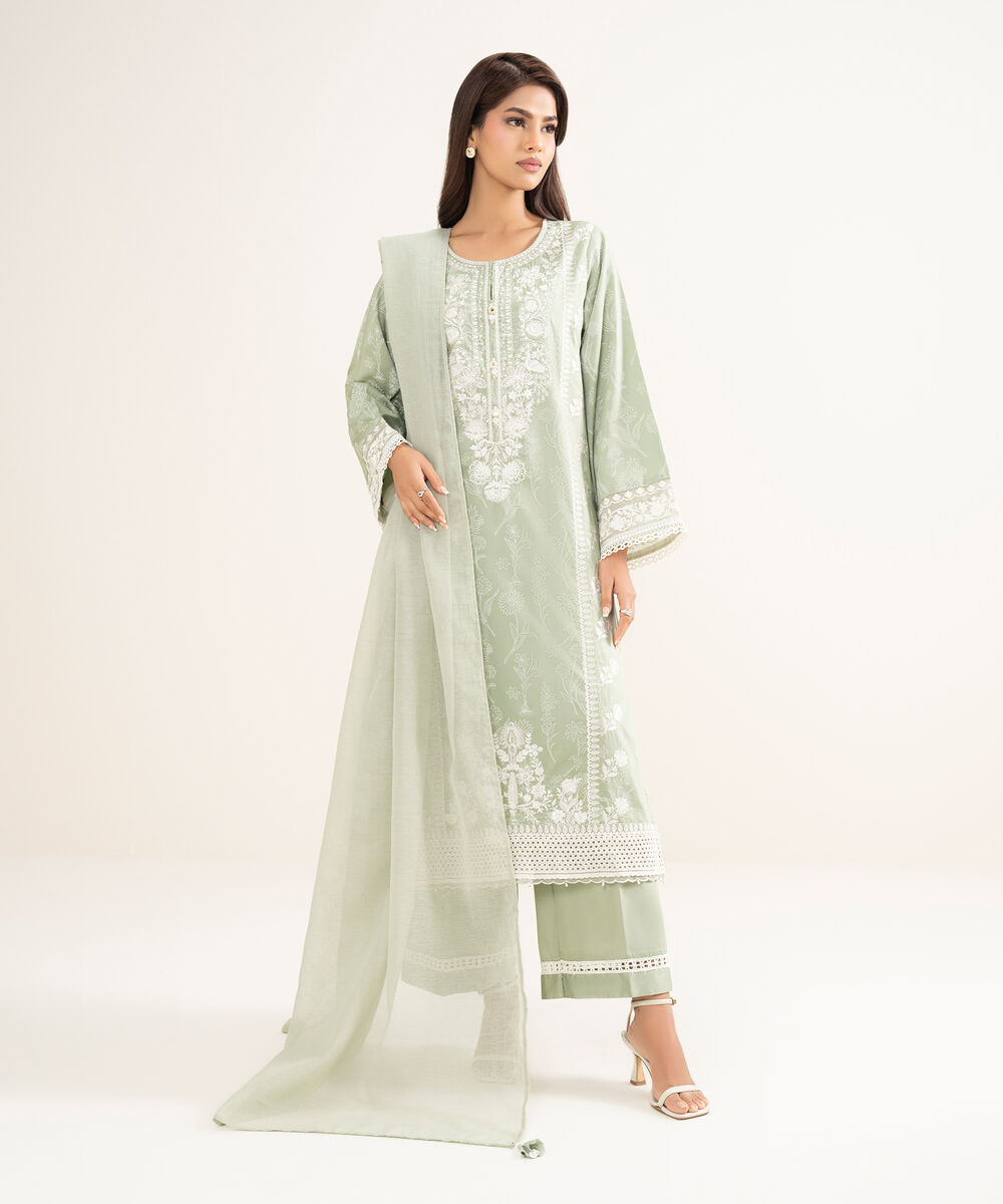 Women's RTW Lawn Embroidered Green A-Line Shirt