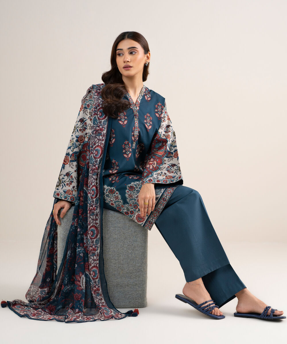 Women's Unstitched Lawn Printed Blue 3 Piece Suit