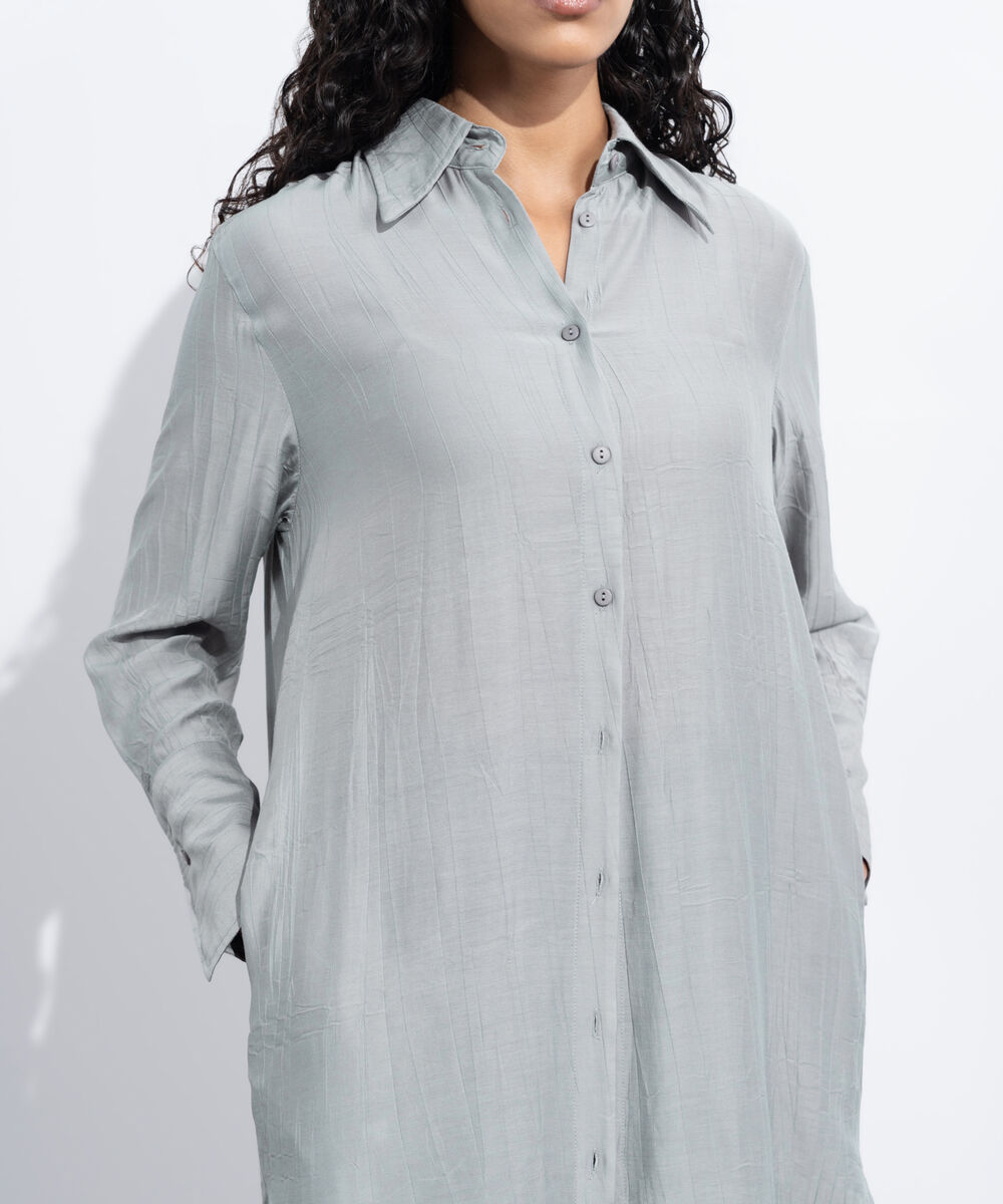 Women's Western Wear Grey Textured Button Down Dress