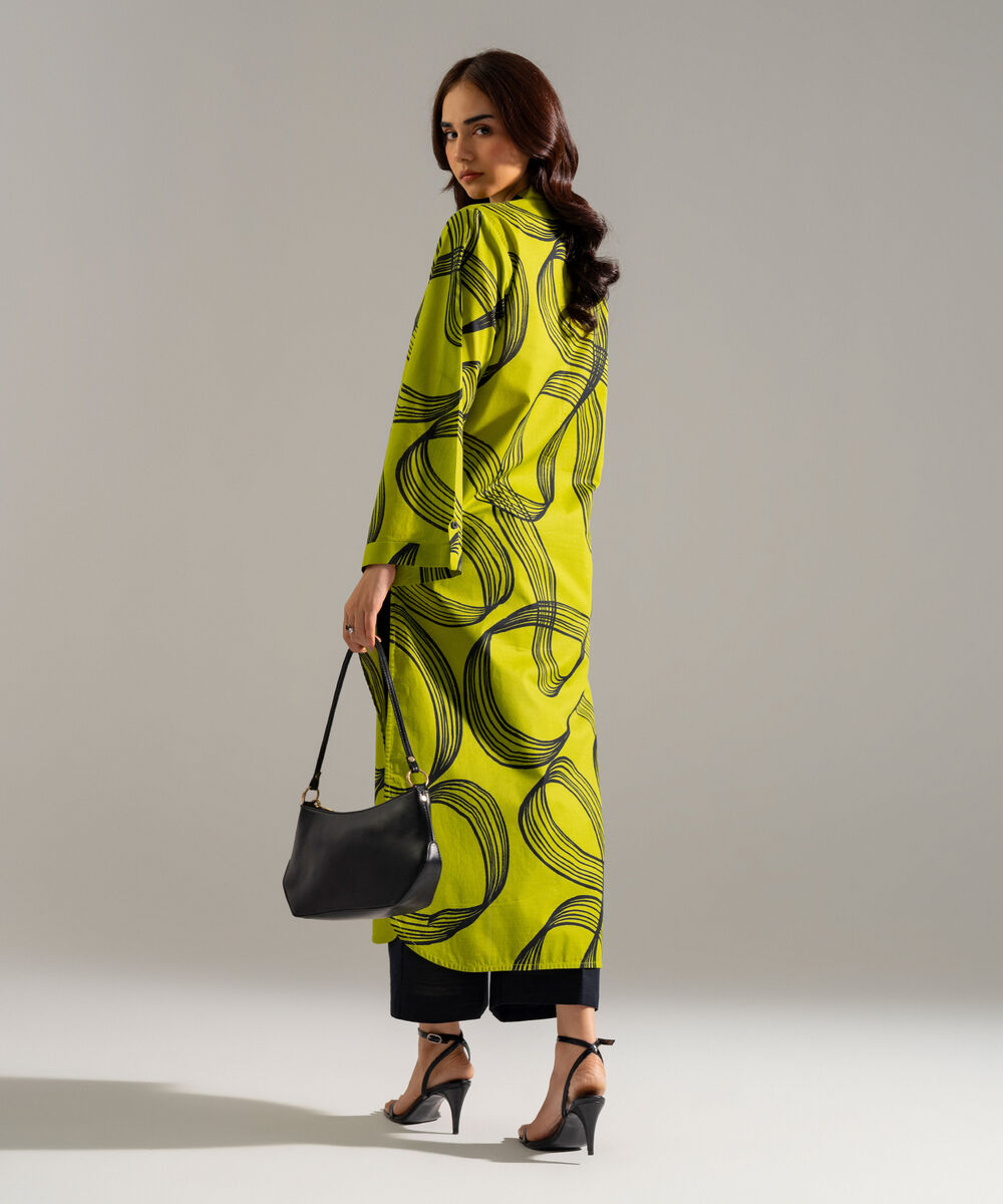 Women's RTW Slub Lawn Printed Green Straight Shirt