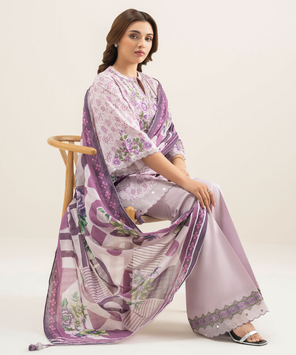 Women's Unstitched Lawn Purple Embroidered 3 Piece Suit