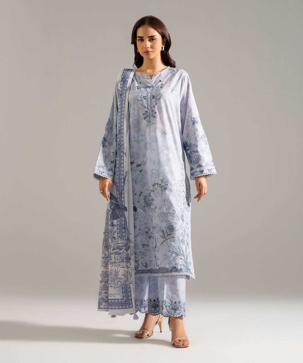 Women's RTW Lawn Embroidered Blue 3 Piece Suit