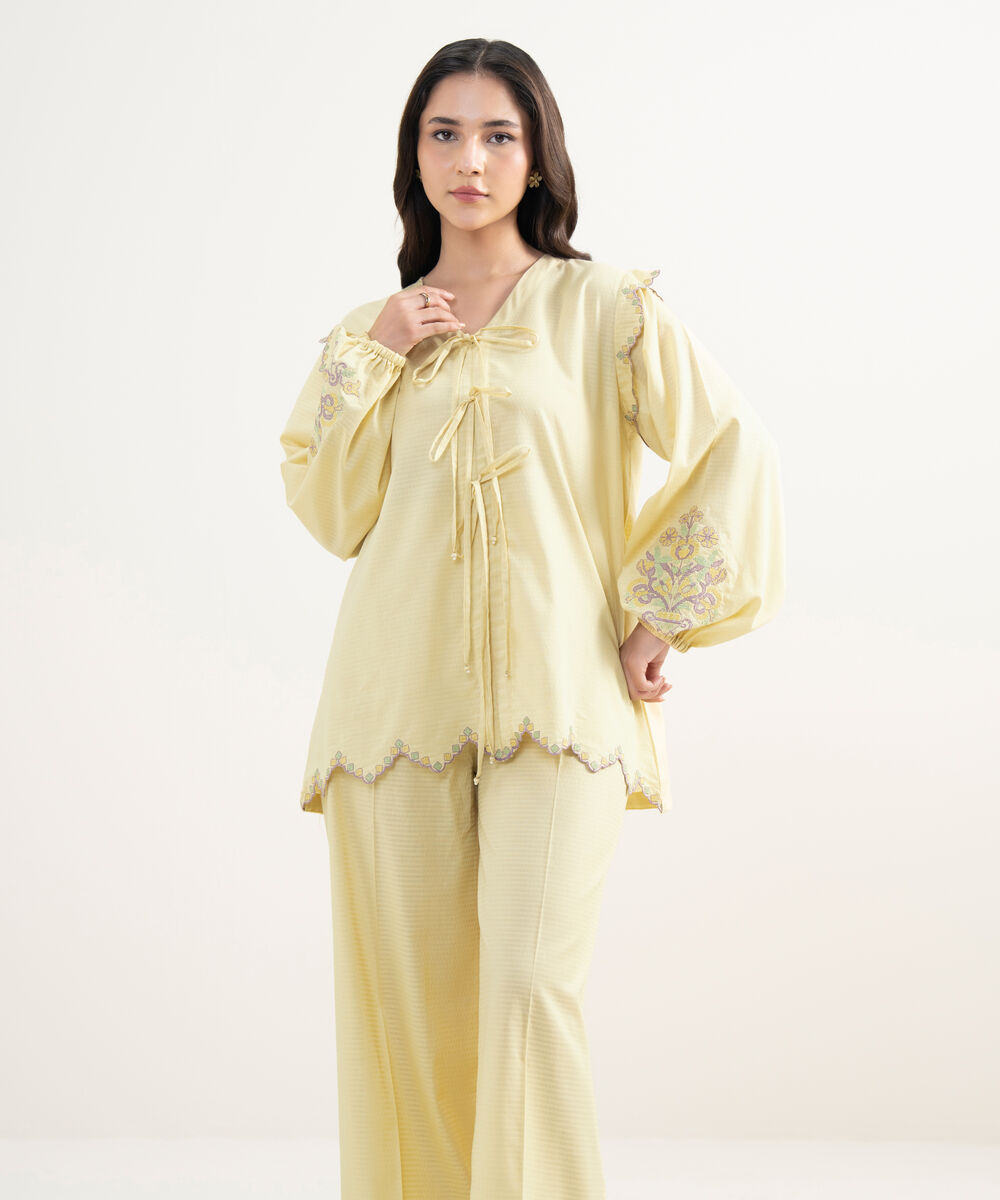 Women's RTW Dobby Embroidered Yellow Straight Shirt